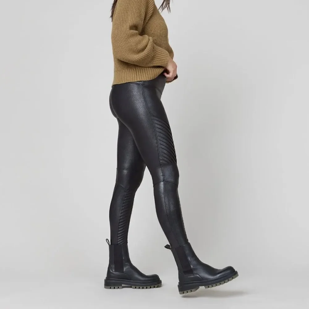 $110 NWOT Spanx Faux Leather Moto Style Black Leggings Size SMALL S/P